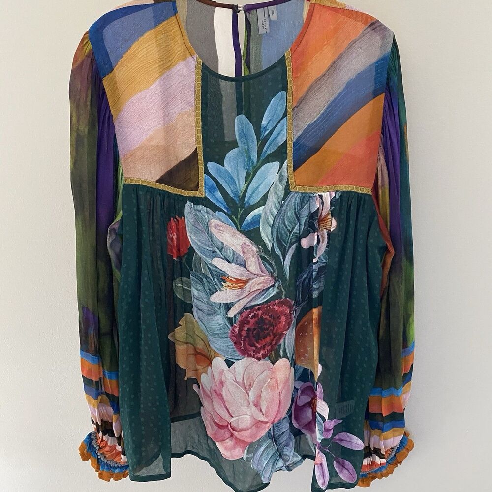 Anthropologie Blink London Peasant Floral Sheer Balloon Sleeve Blouse Sz Small